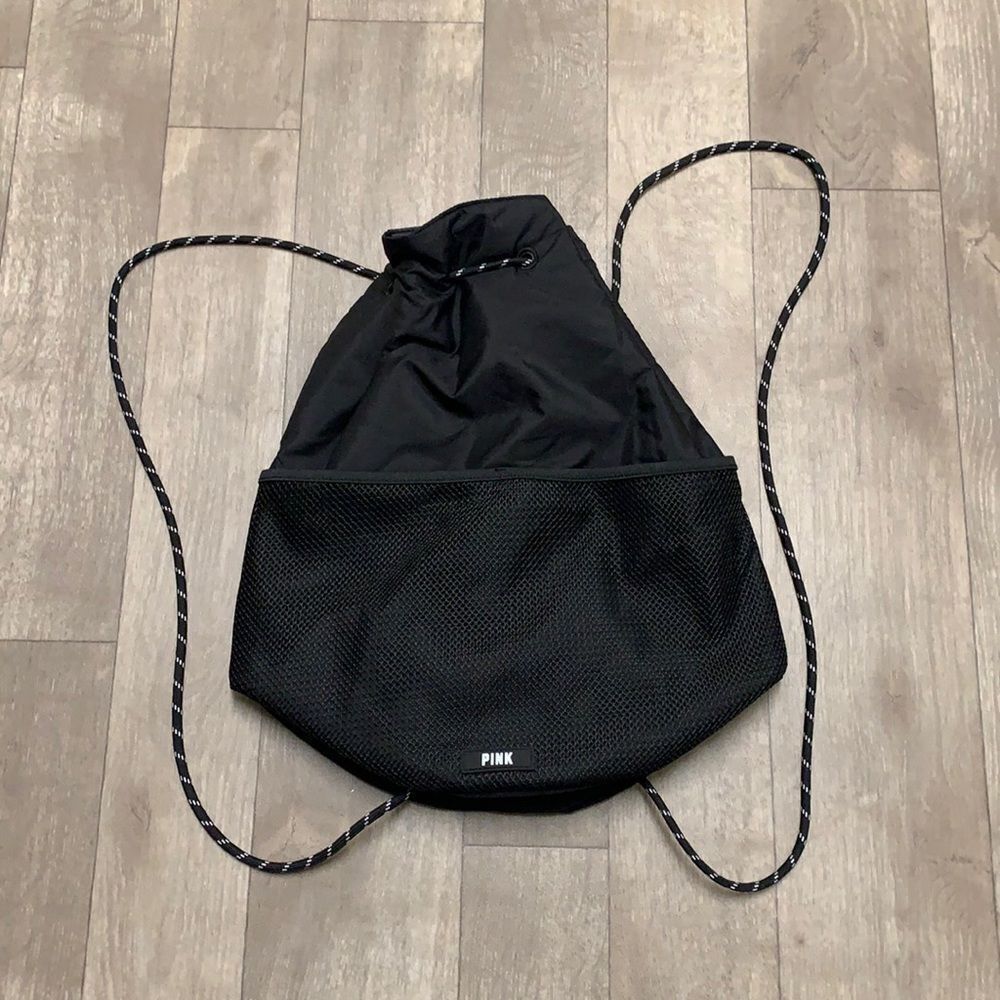 PINK Victoria's Secret Black Mesh Drawstring Backpack